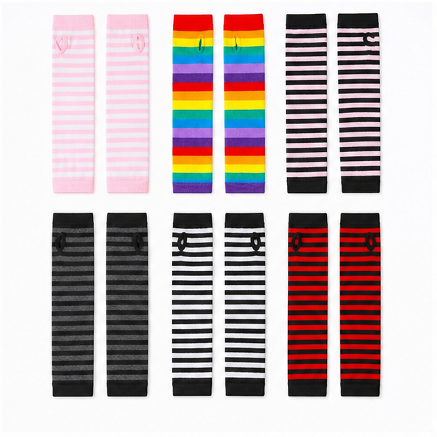 6 Pairs Arm Warmers, Colorful Goth Arm Sleeves Women, Long Fingerless Gloves for Women, Warm Stretchy Knit Striped hand warmer gloves for Women's School Office Outdoor Accessories - front view
