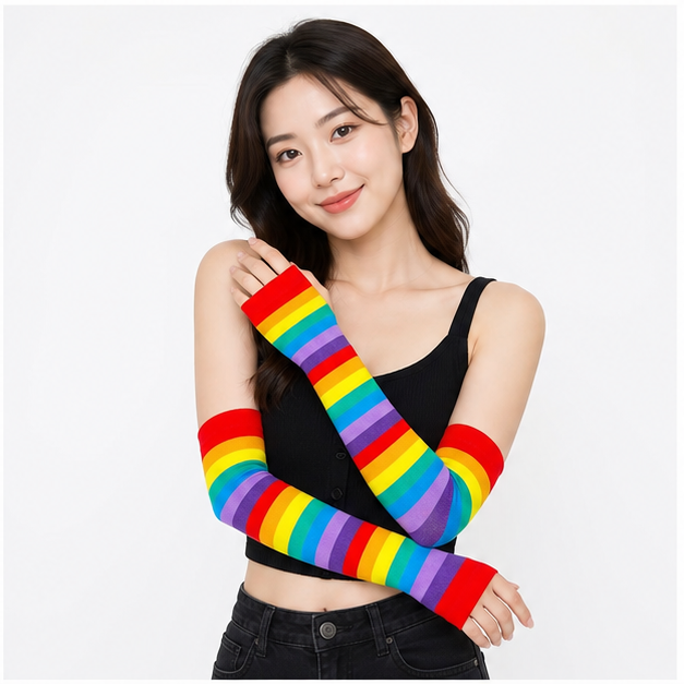 6 Pairs Arm Warmers, Colorful Goth Arm Sleeves Women, Long Fingerless Gloves for Women, Warm Stretchy Knit Striped hand warmer gloves for Women's School Office Outdoor Accessories - model view
