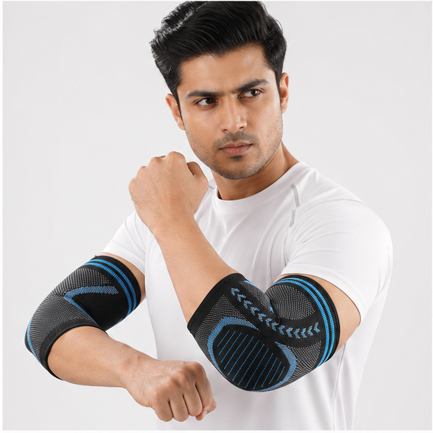 2 Pack Elbow Compression Sleeves for Men and Women, 3D Knit Tennis Elbow Brace for Tendonitis and Joint Pain Relief, Breathable Arm Support for Gym, Weightlifting and Daily Work - model view