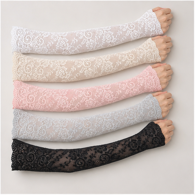 5 Pairs Women Lace Arm Sleeves Fingerless Arm Sleeve Floral Hollow Arms Cover Warmer Elbow Length Lace Sleeves to Cover Arms for Women - front view
