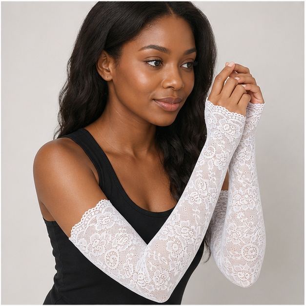 5 Pairs Women Lace Arm Sleeves Fingerless Arm Sleeve Floral Hollow Arms Cover Warmer Elbow Length Lace Sleeves to Cover Arms for Women - model view