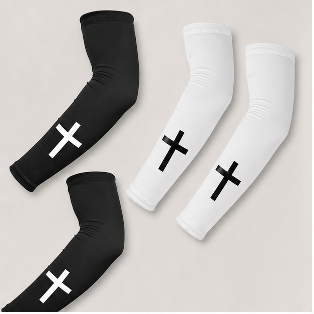 2 Pairs Faith Cross Arm Sleeves, Polyester Religious Compression Cooling Arm Sleeves for Men Women Football Basketball Baseball Running Cycling Outdoor Activities Sleeve (Black, White) - front view