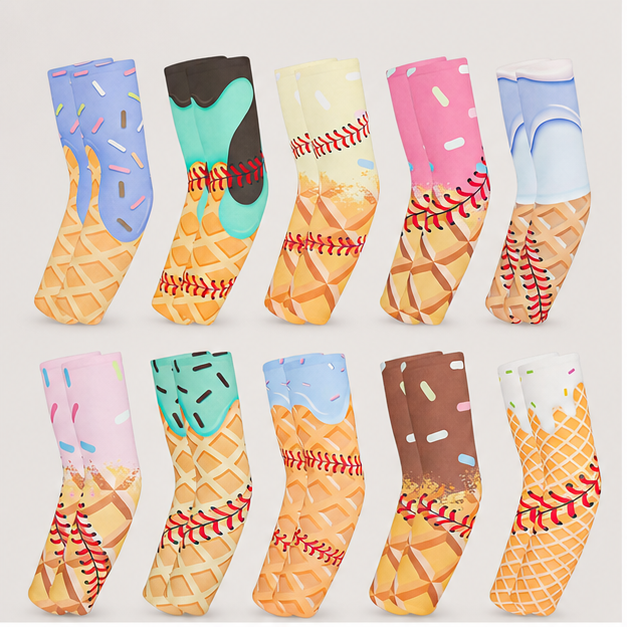 10 Pairs Ice Cream Baseball Arm Sleeves Funny Reusable Breathable Teens Arm Sleeves for Ice Cream Lover Gifts - front view